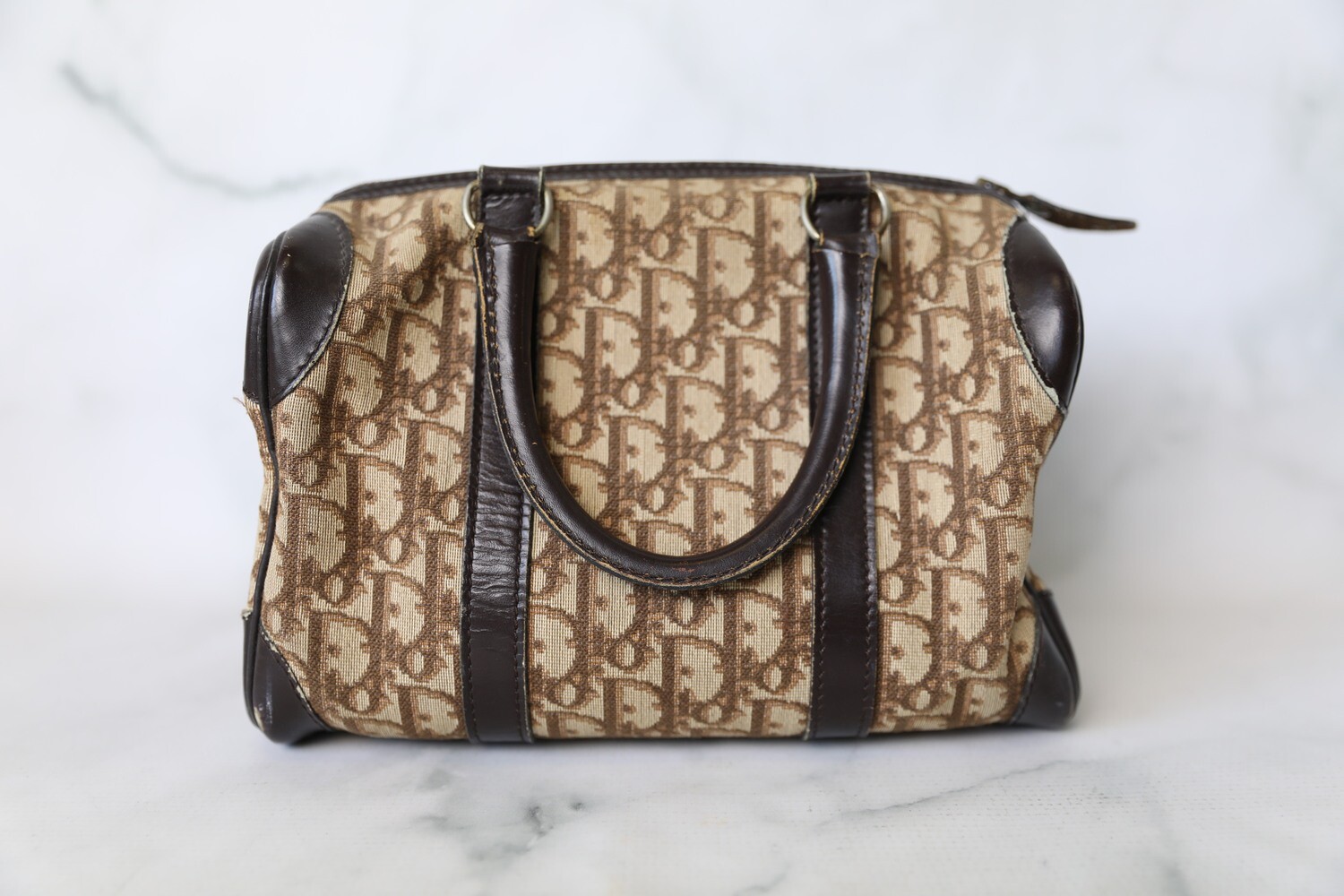 Authentic Christian Dior Brown Trotter Print Canvas Boston Bag
