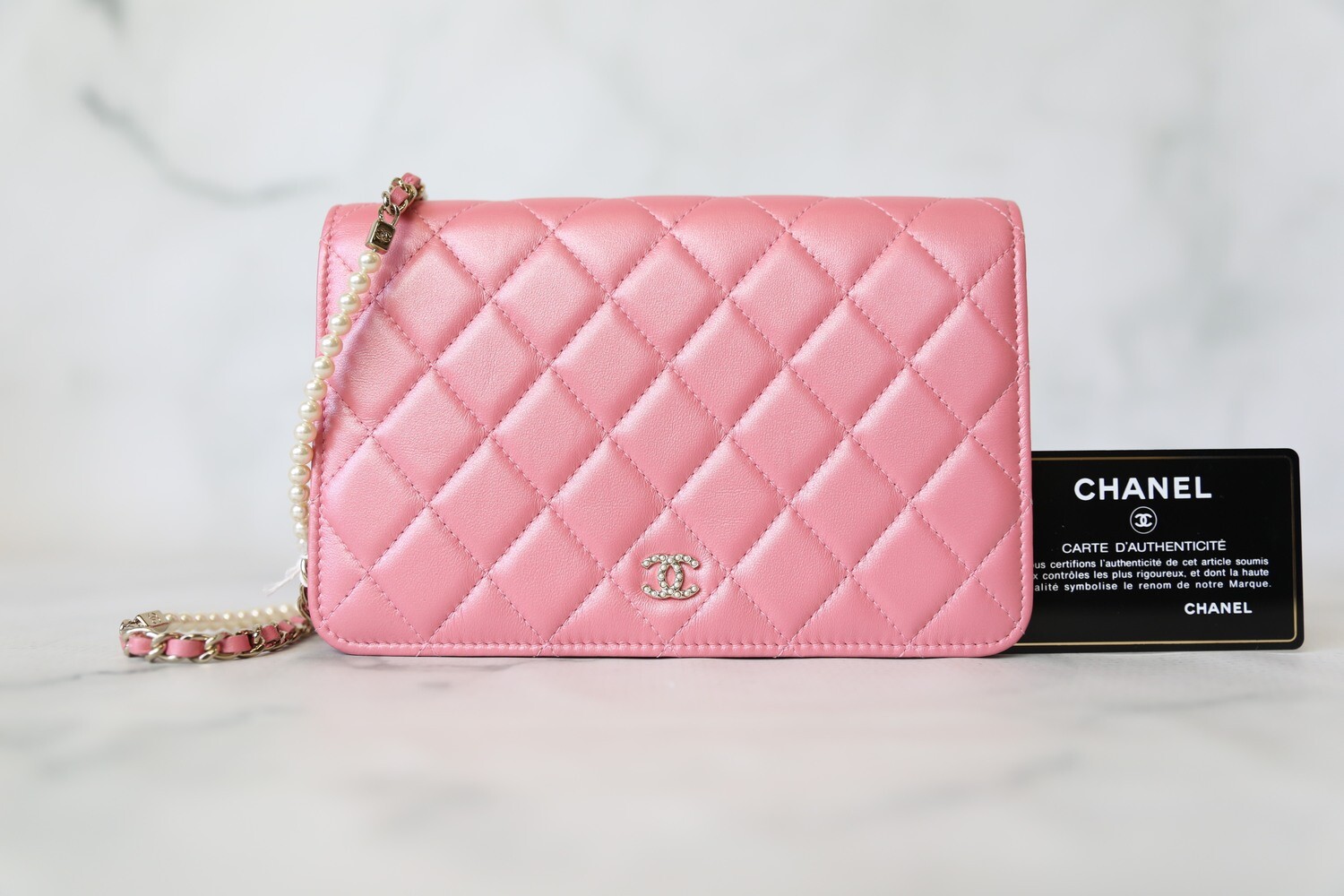Chanel Wallet on Chain, Pink Iridescent Lambskin with Gold Hardware, Pearl  Strap, As New in Box WA001