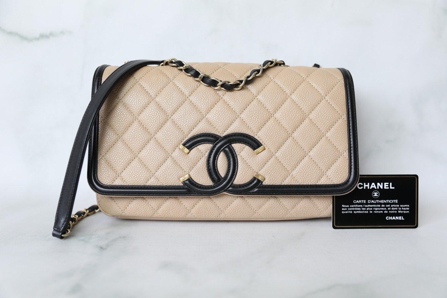 Chanel Filigree Flap Medium, Beige Caviar with Black Trim and Gold Hardware, Preowned in Dustbag WA001