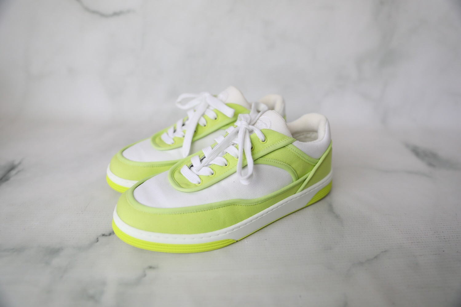 Chanel Shoes Sneakers, White and Neon Green, Size 36.5, New in Dustbag WA001