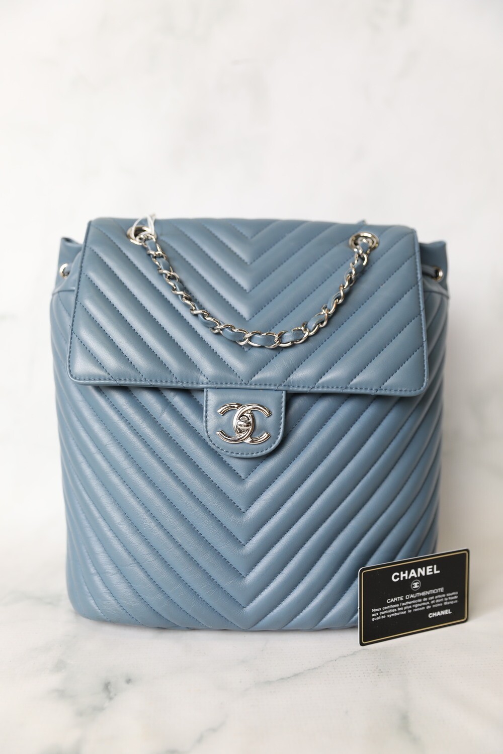 NIB 19C Chanel Blue Chevron Trendy CC WOC Wallet on Chain Flap Bag
