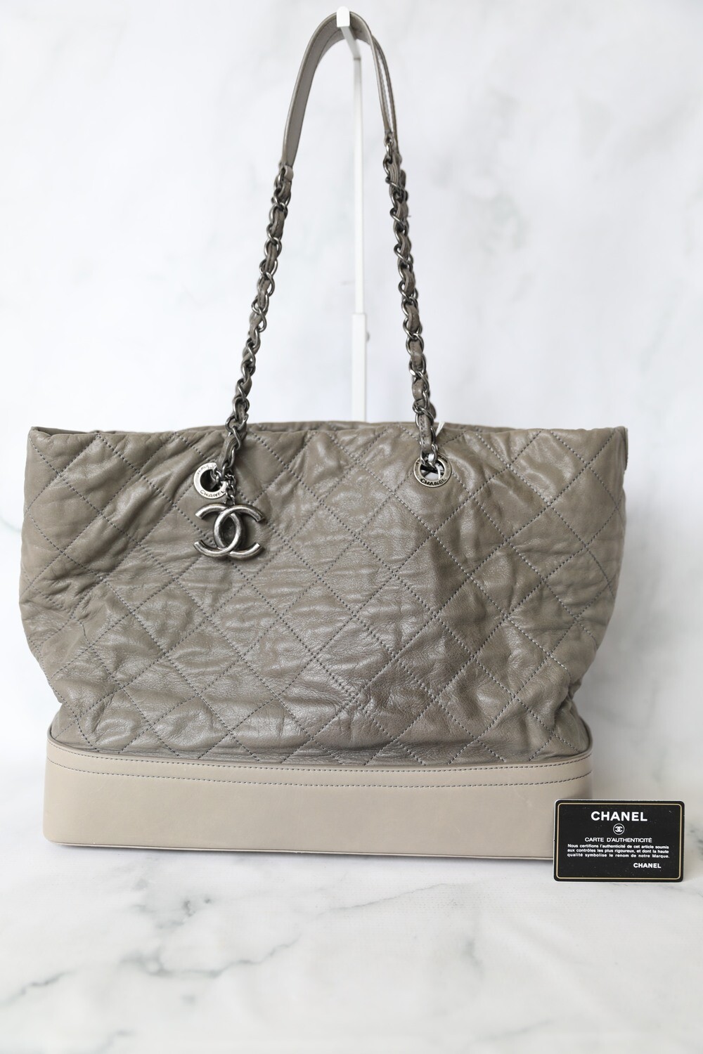 Chanel Gabrielle Quilted Tote, Grey Calfskin with Ruthenium Hardware,  Preowned in Box WA001