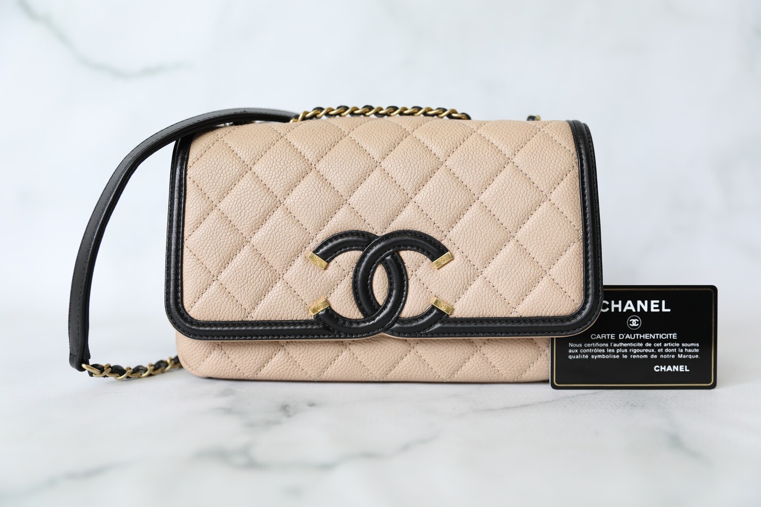 Chanel Filigree Small Flap, Beige Caviar and Black Trim, Preowned in Dustbag WA001