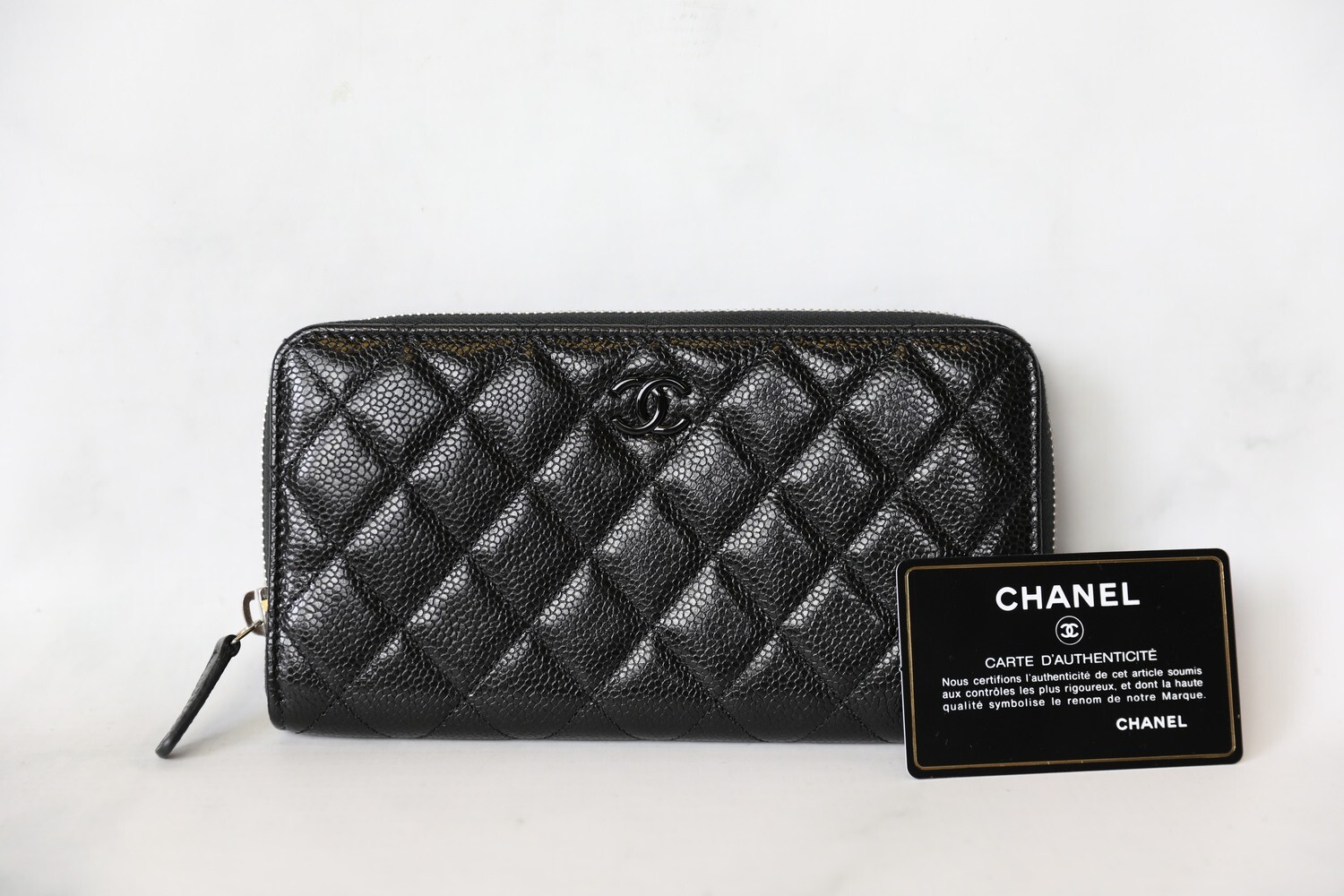 Authentic Chanel Black Caviar Zippy Wallet Silver Hardware w/Box