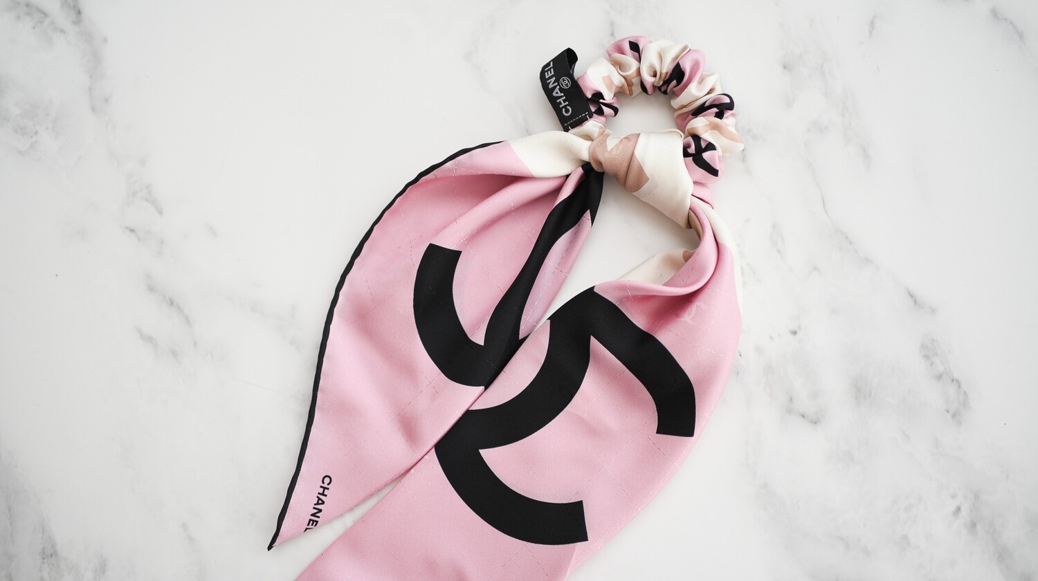 Chanel Silk Hair Tie Scarf with Scrunchie, Pink, Black and Beige