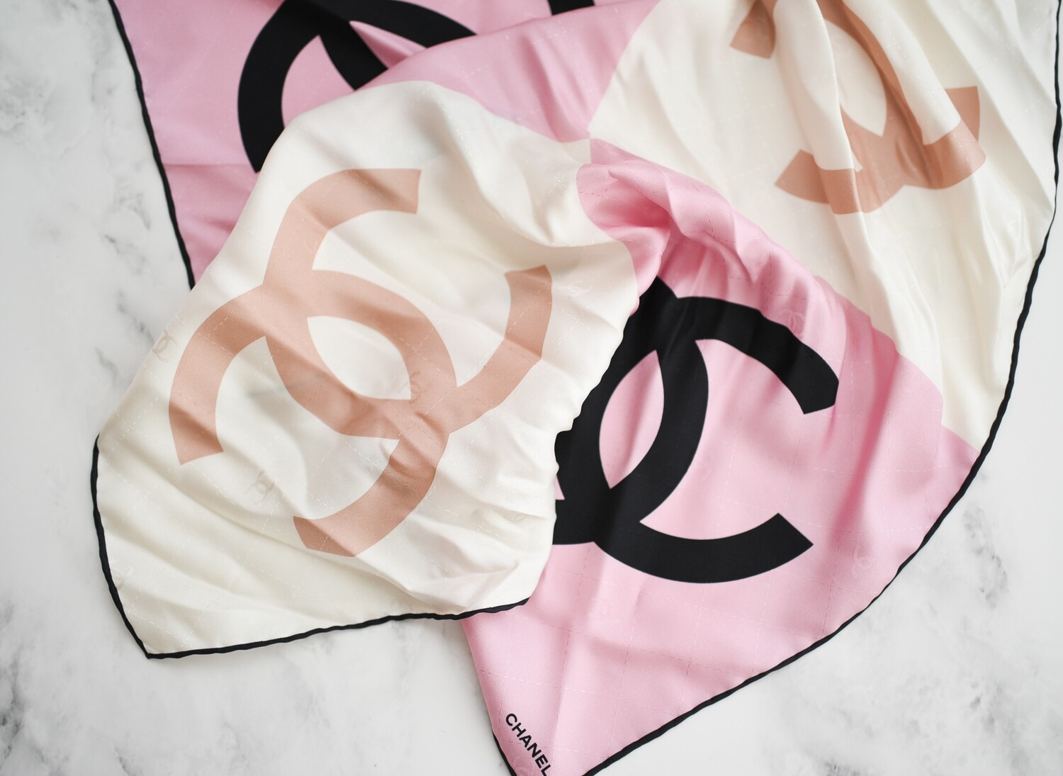 Chanel Silk Hair Tie Scarf with Scrunchie, Pink, Black and Beige
