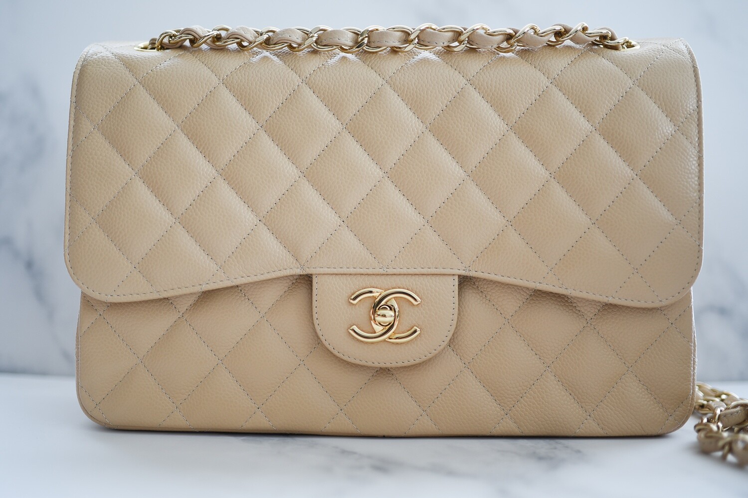 NEW CHANEL 2023 Jumbo Classic Caviar Double Flap BEIGE Bag Gold CC HWR  MICROCHIP