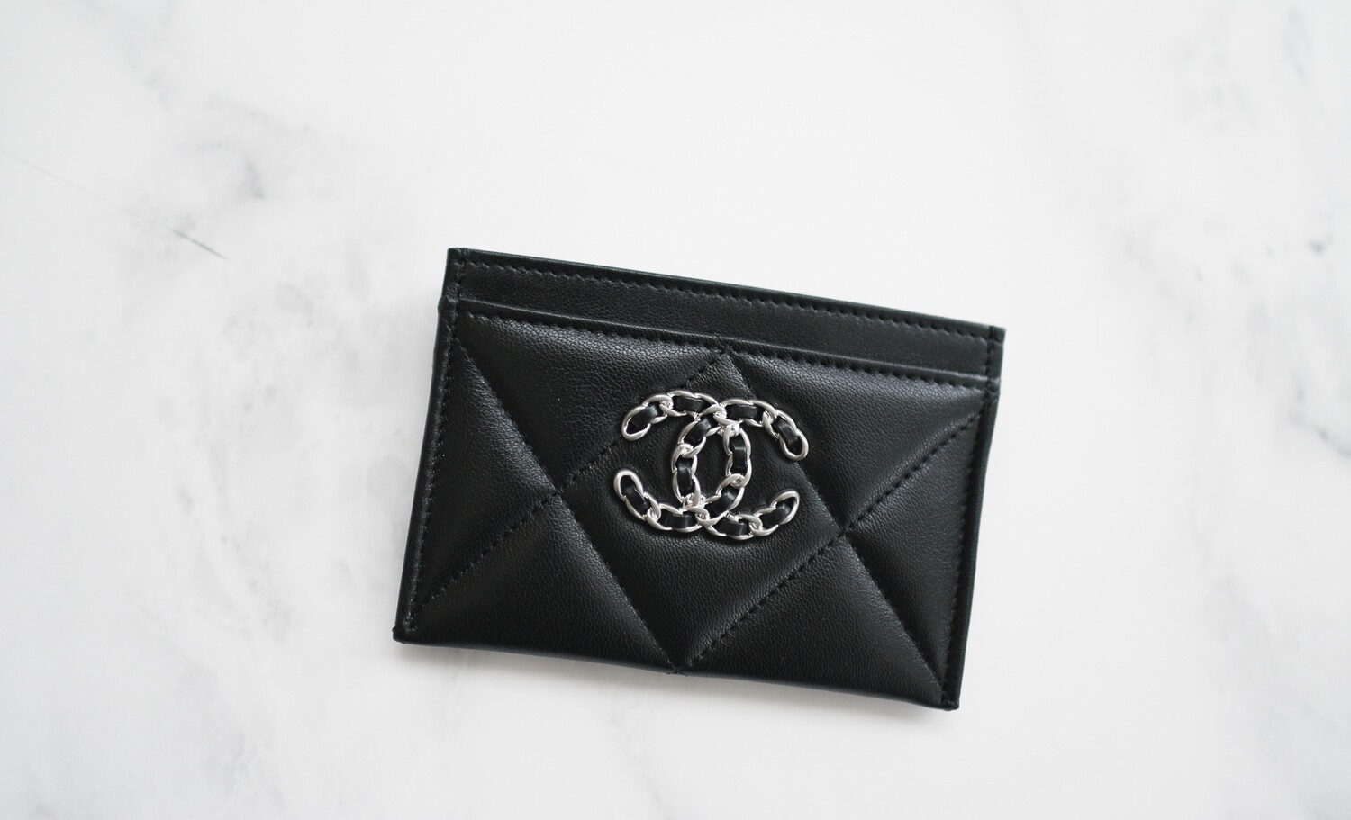 Chanel 19 SLG Flat Cardholder Black Lambskin Leather Silver Hardware New in Box GA001 Julia Rose Boston Shop