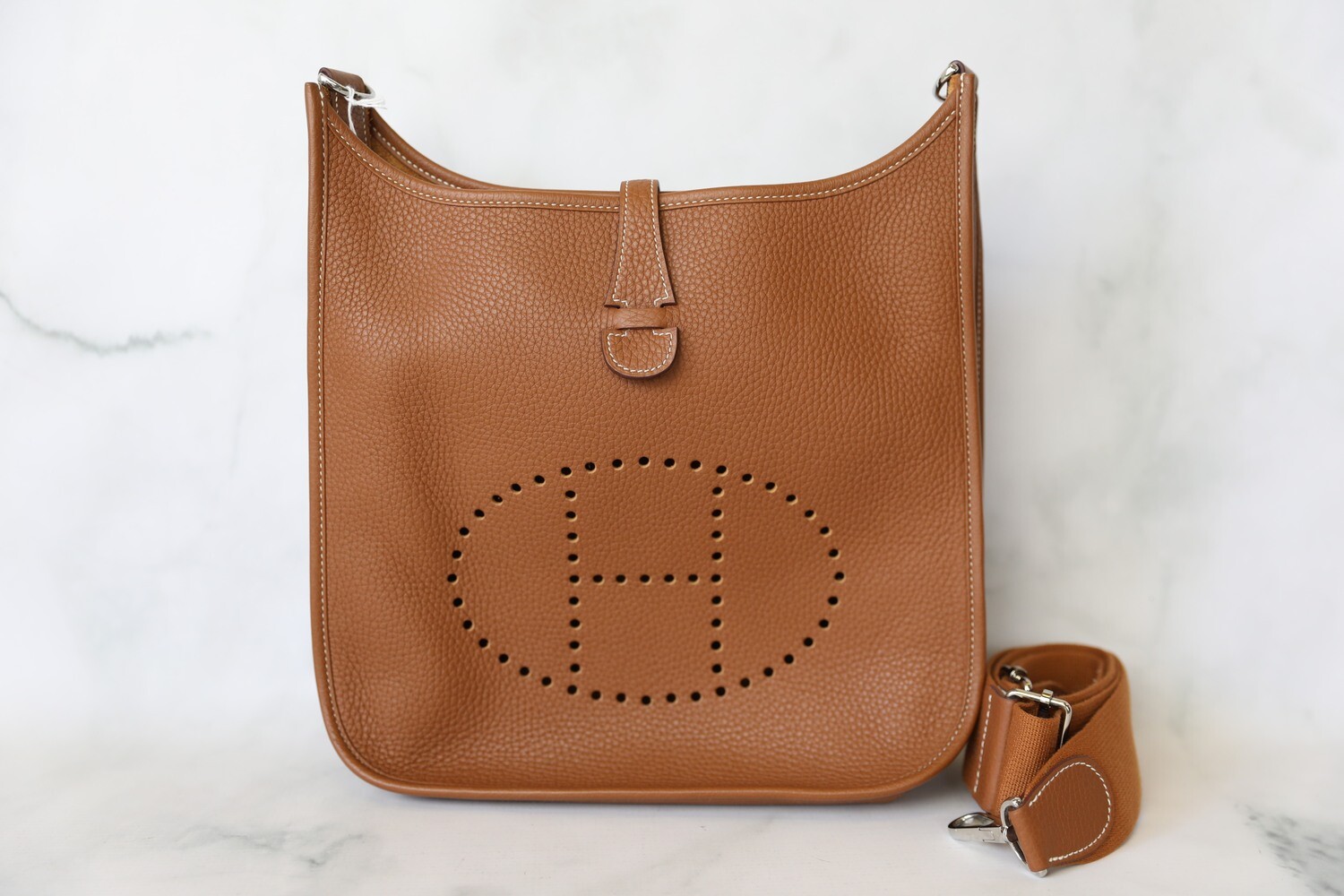 Hermes Evelyne PM, Gold Leather with Palladium Hardware, Preowned in Dustbag WA001