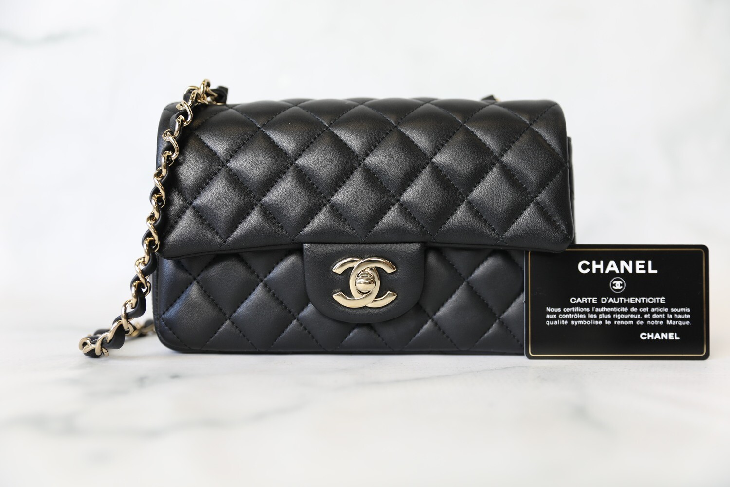 Chanel Classic Mini Rectangular, Black Lambskin with Gold Hardware,  Preowned in Box WA001