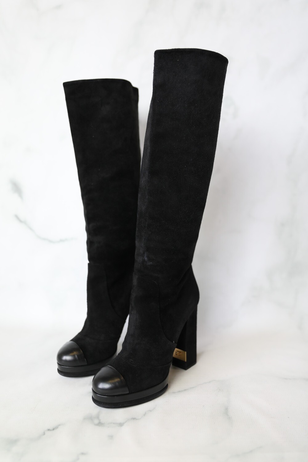 Chanel Shoes Tall Boots with Heels, Black Suede, Size 38, New in Box WA001