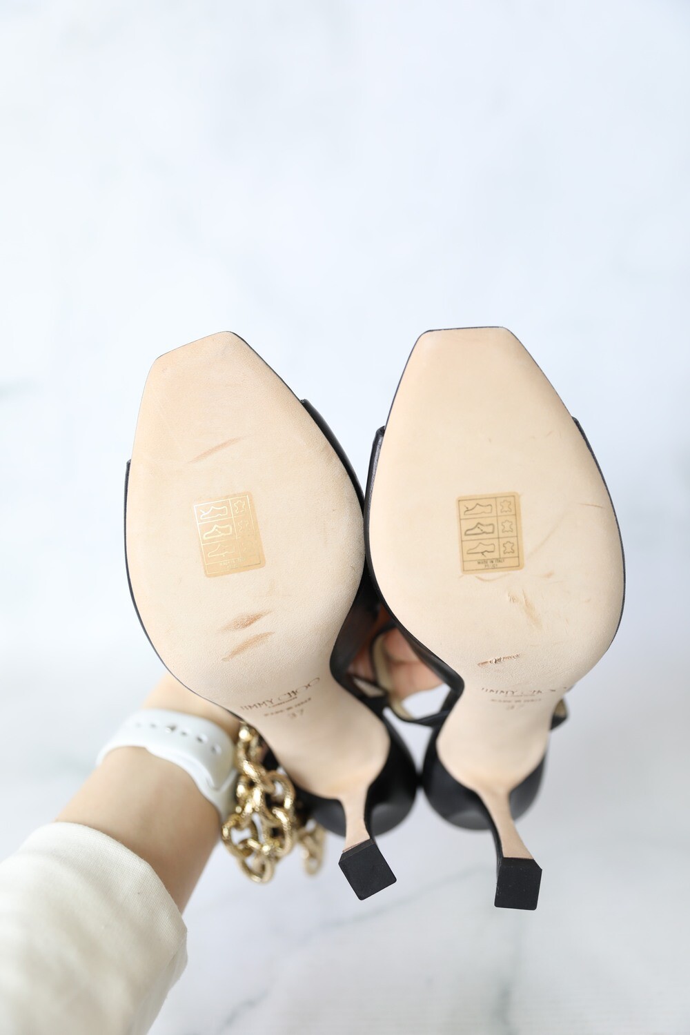 Jimmy Choo Sae 90 Mule Sandals, Black with Gold Chain, Size Jimmy Choo Sae 90 Mule Sandals, Black with Gold Chain, Size