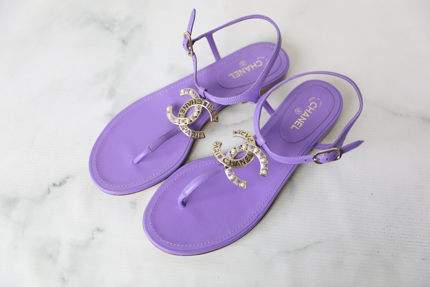 Chanel Shoes Thong Sandals, Purple, Size 37.5, New in Box WA001