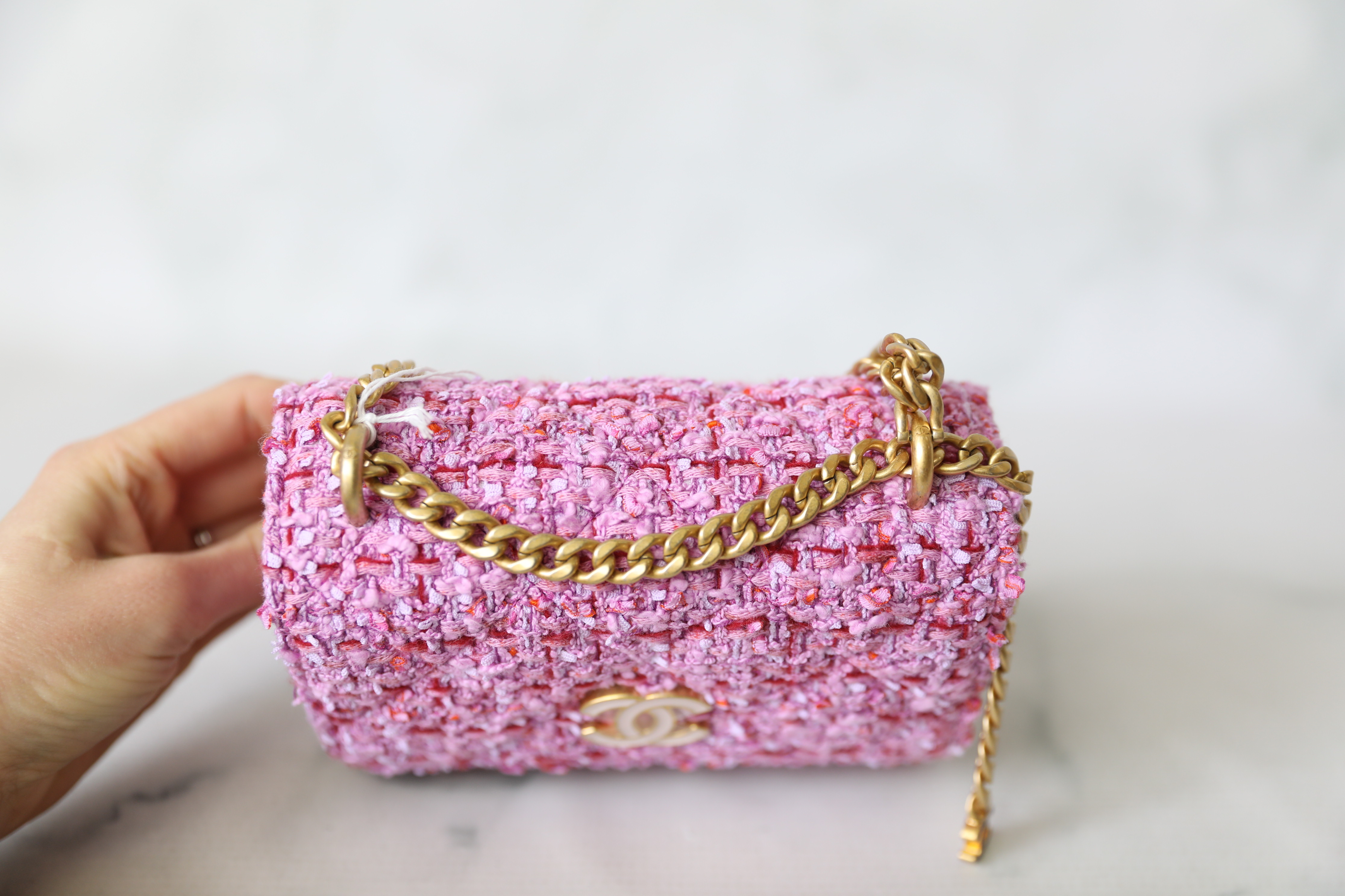 Chanel Tweed Flap Wallet on Chain Mini, Pink Tweed with Gold Hardware, New  in Box WA001