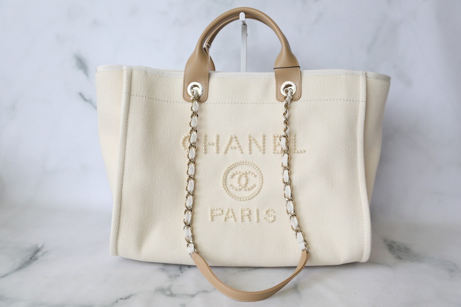 chanel canvas tote with pearls