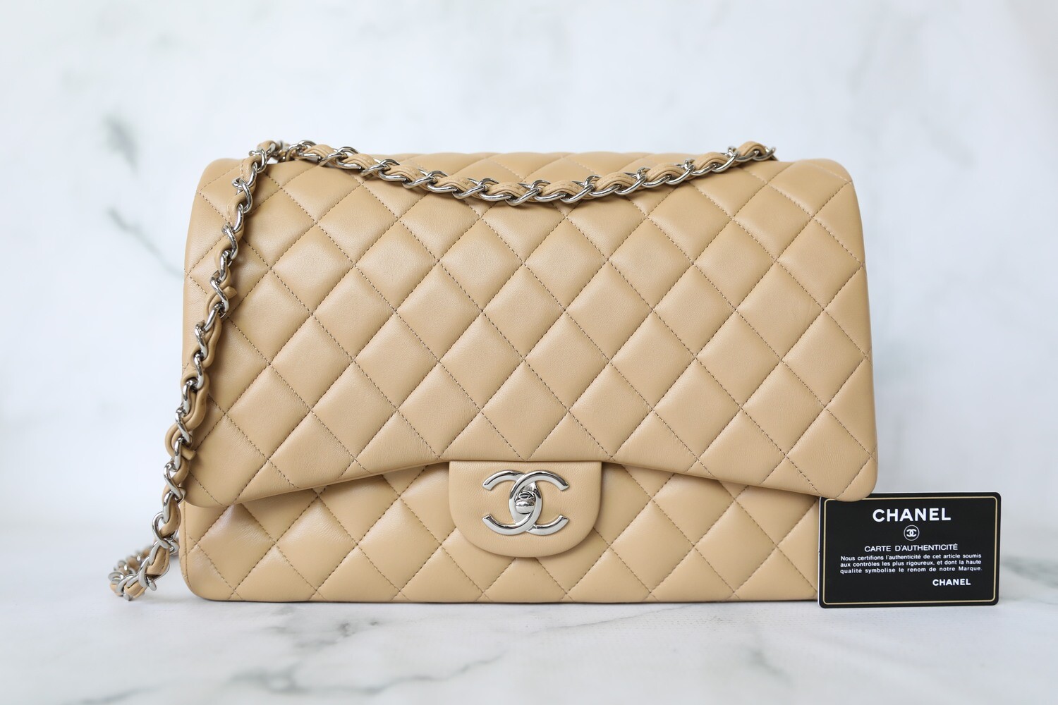 Chanel Classic Maxi, Beige Lambskin with Silver Hardware, Preowned in Box  WA001
