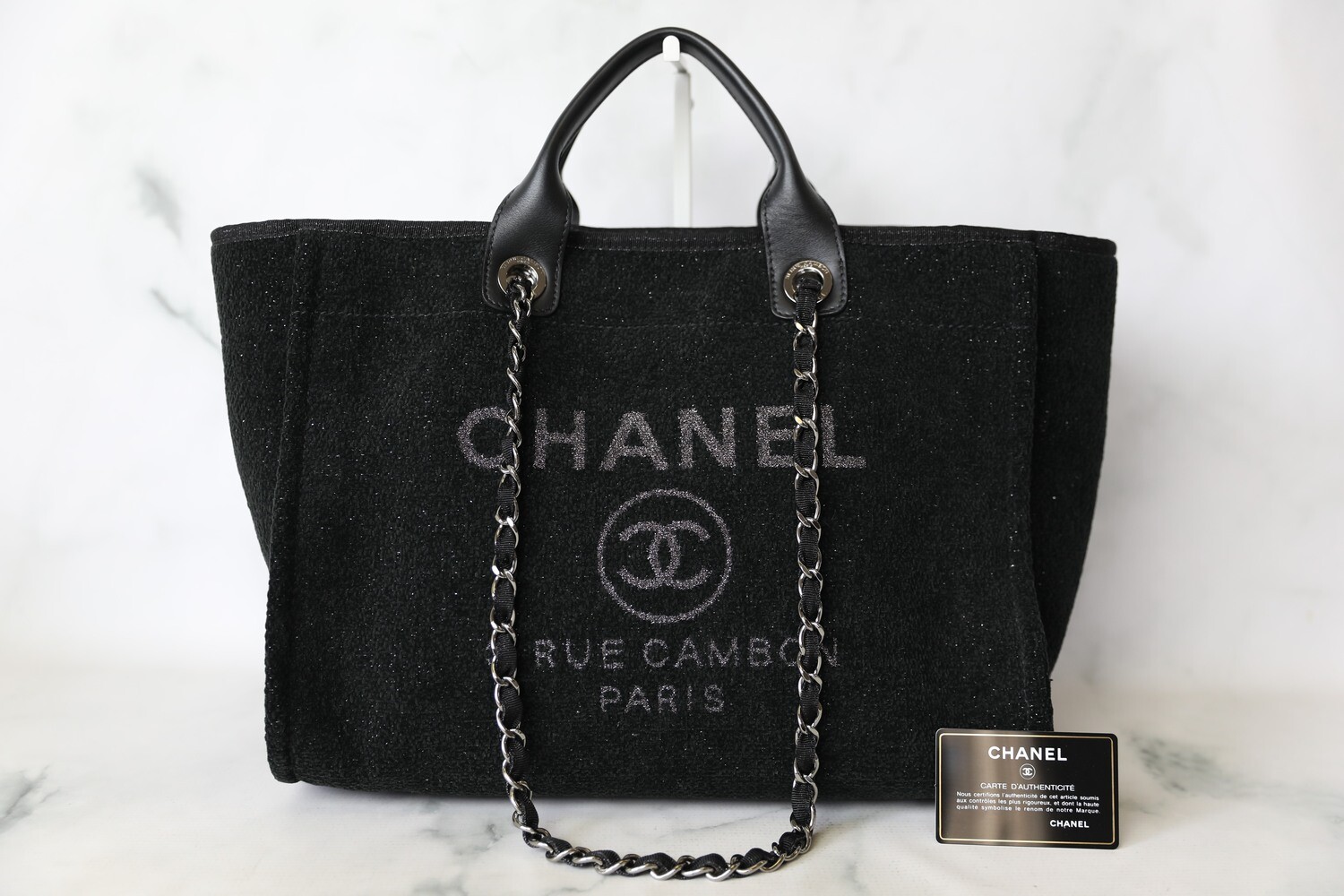 Chanel Deauville Large, Black Sparkle Tweed with Silver Hardware, Preowned in Dustbag WA001