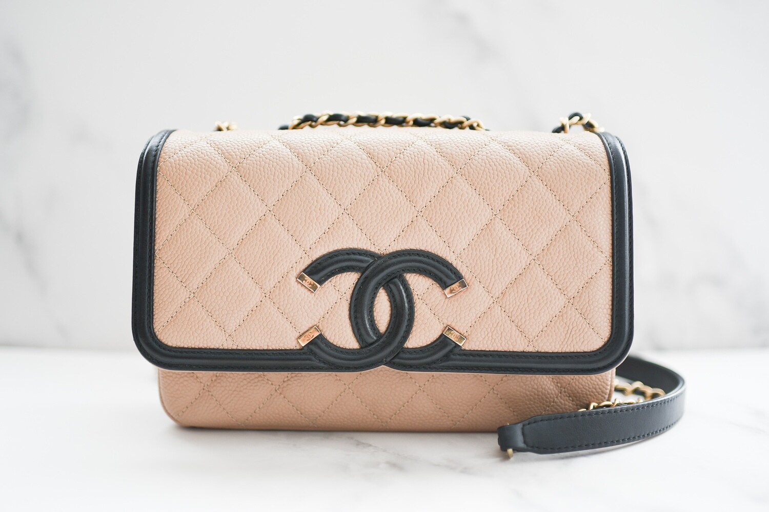 Chanel Filigree Small Flap, Beige Caviar and Black Trim, Preowned in Dustbag GA002
