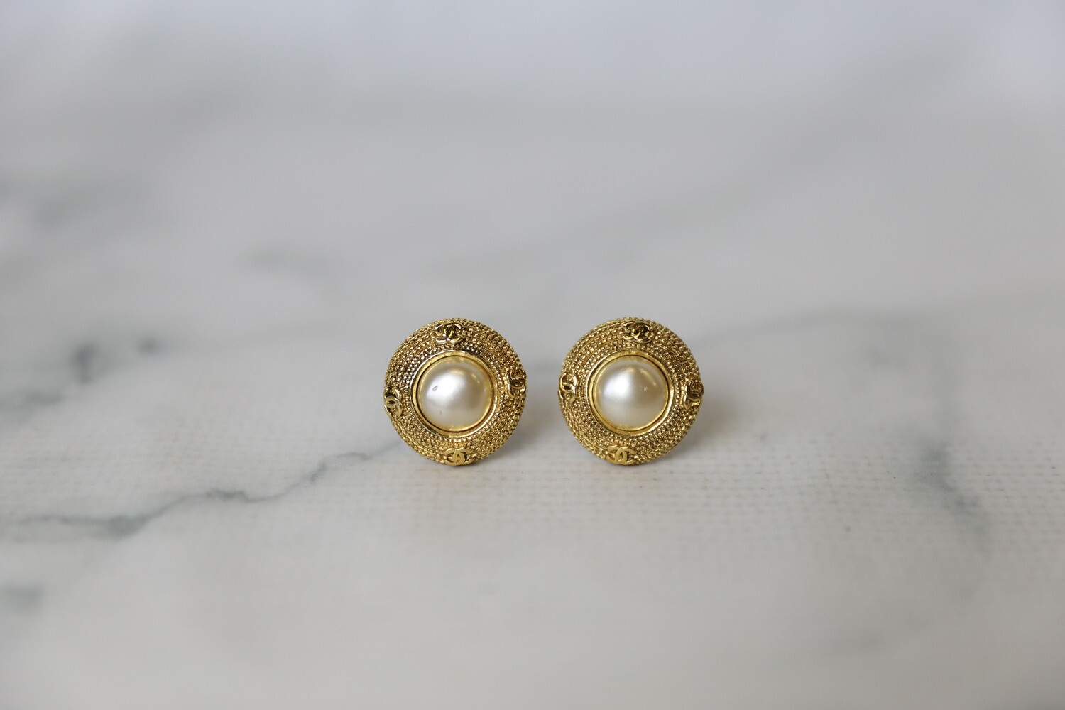 Chanel Vintage Clip On Earrings, Golden Round with Pearl, Preowned