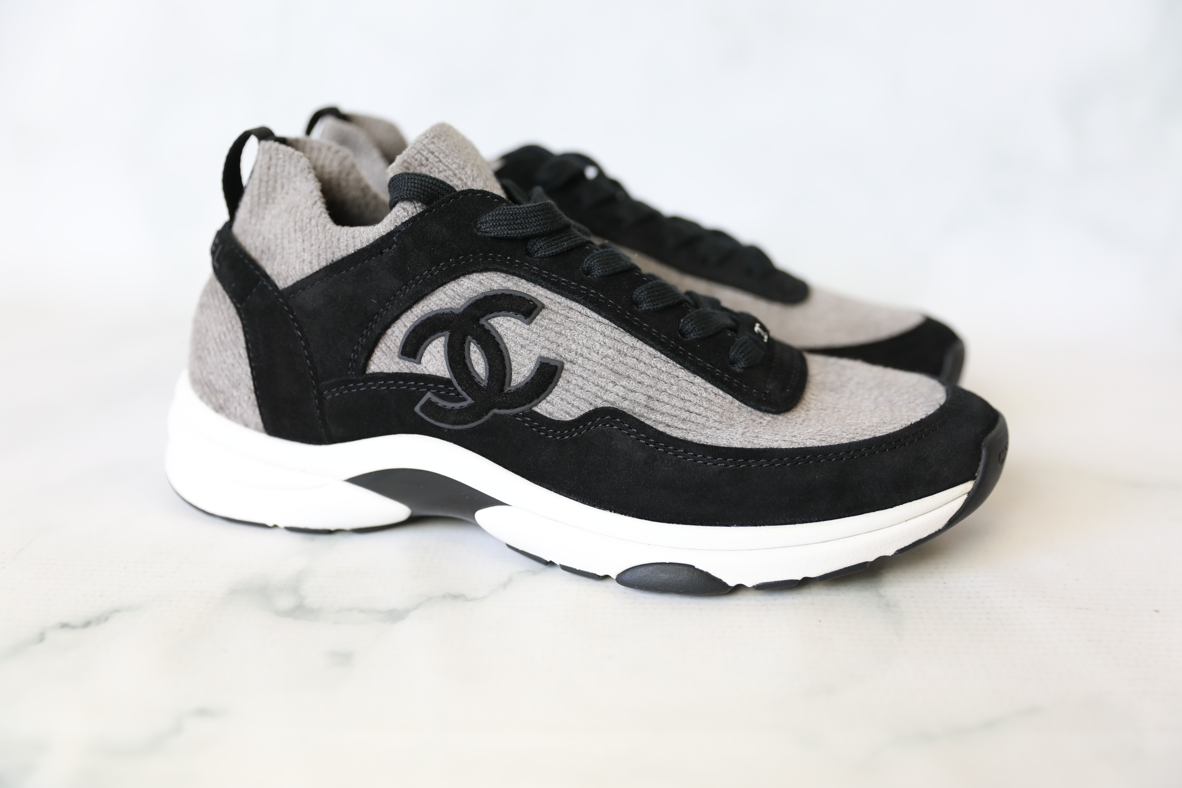 Chanel Sneakers, Black Suede with Tan Knit, Size 40.5, New in Box WA001