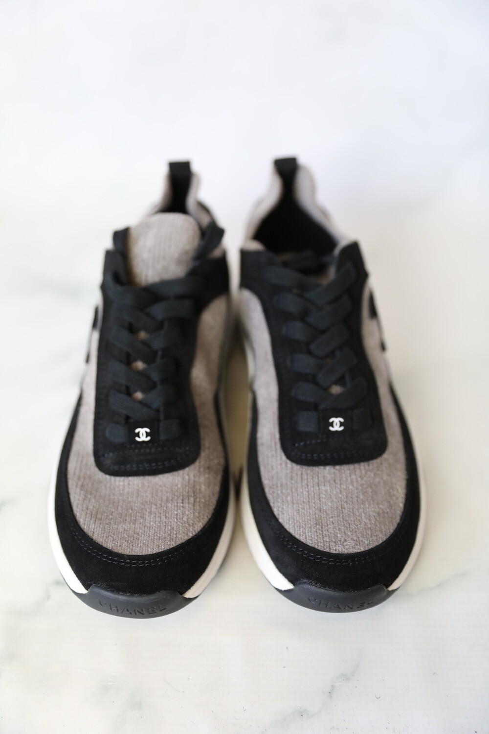 Chanel Black Leather Fabric and Suede CC Lace Up Sneakers Size 385 Chanel   TLC