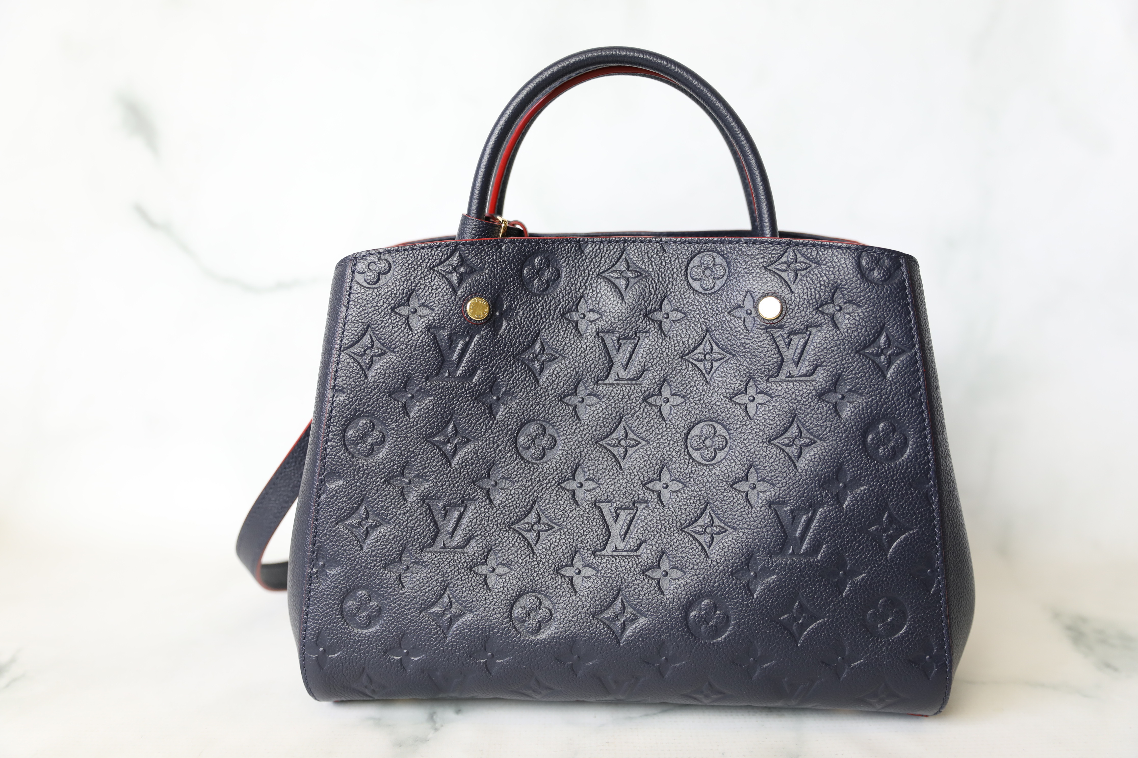 Louis Vuitton, Bags, Montaigne Mm Monogram Empreinte Leather Marine Rouge  Navy