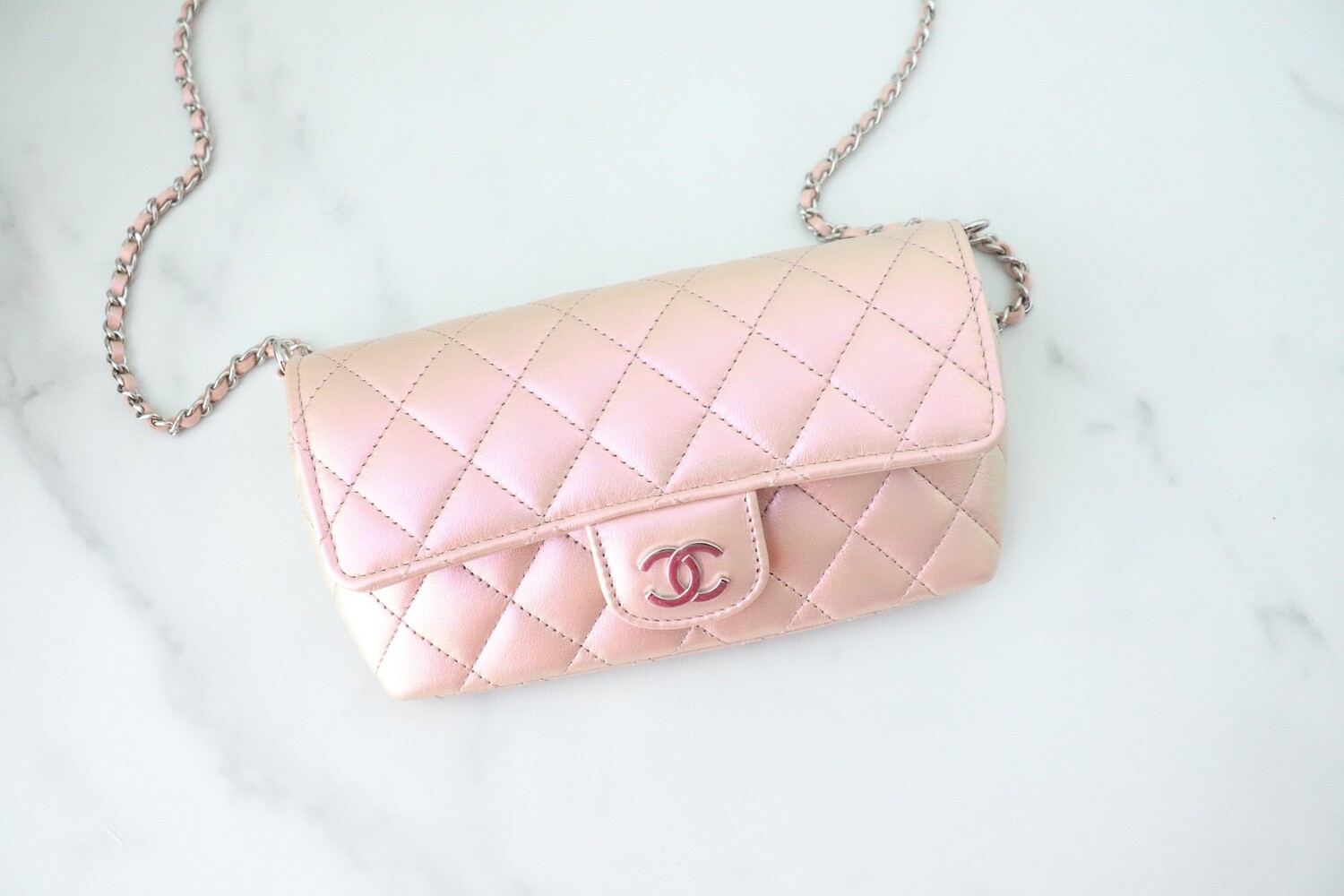 Chanel Sunglasses Case on Chain, Iridescent Pink Lambskin Leather with  Silver Hardware, New in Box GA001