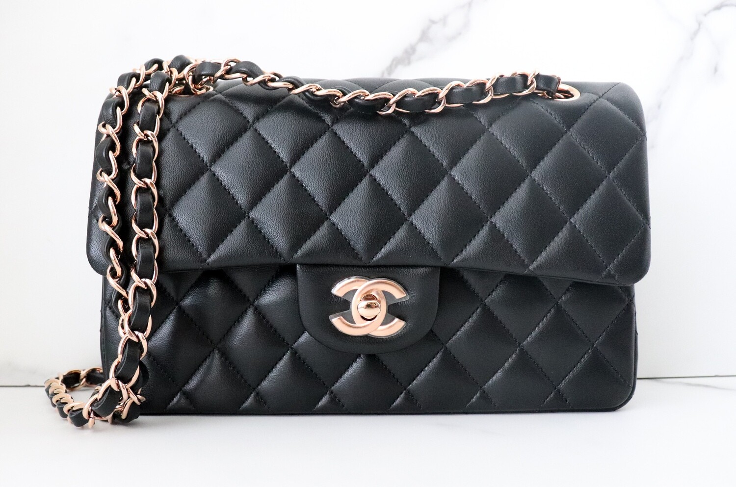 Authentic Chanel Small Classic Flap Black Lambskin Pink Rose Gold Hardware,  Luxury, Bags & Wallets on Carousell