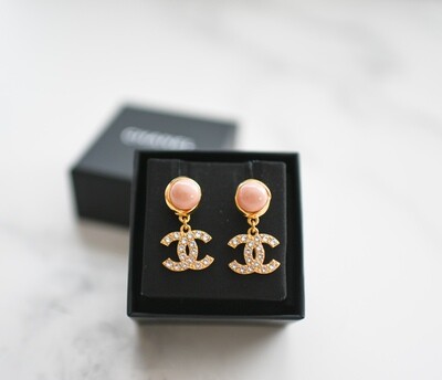 Chanel Earrings CC Gold & Crystal Drop Earrings with Pink Stone, Gold Hardware, New in Box WA001