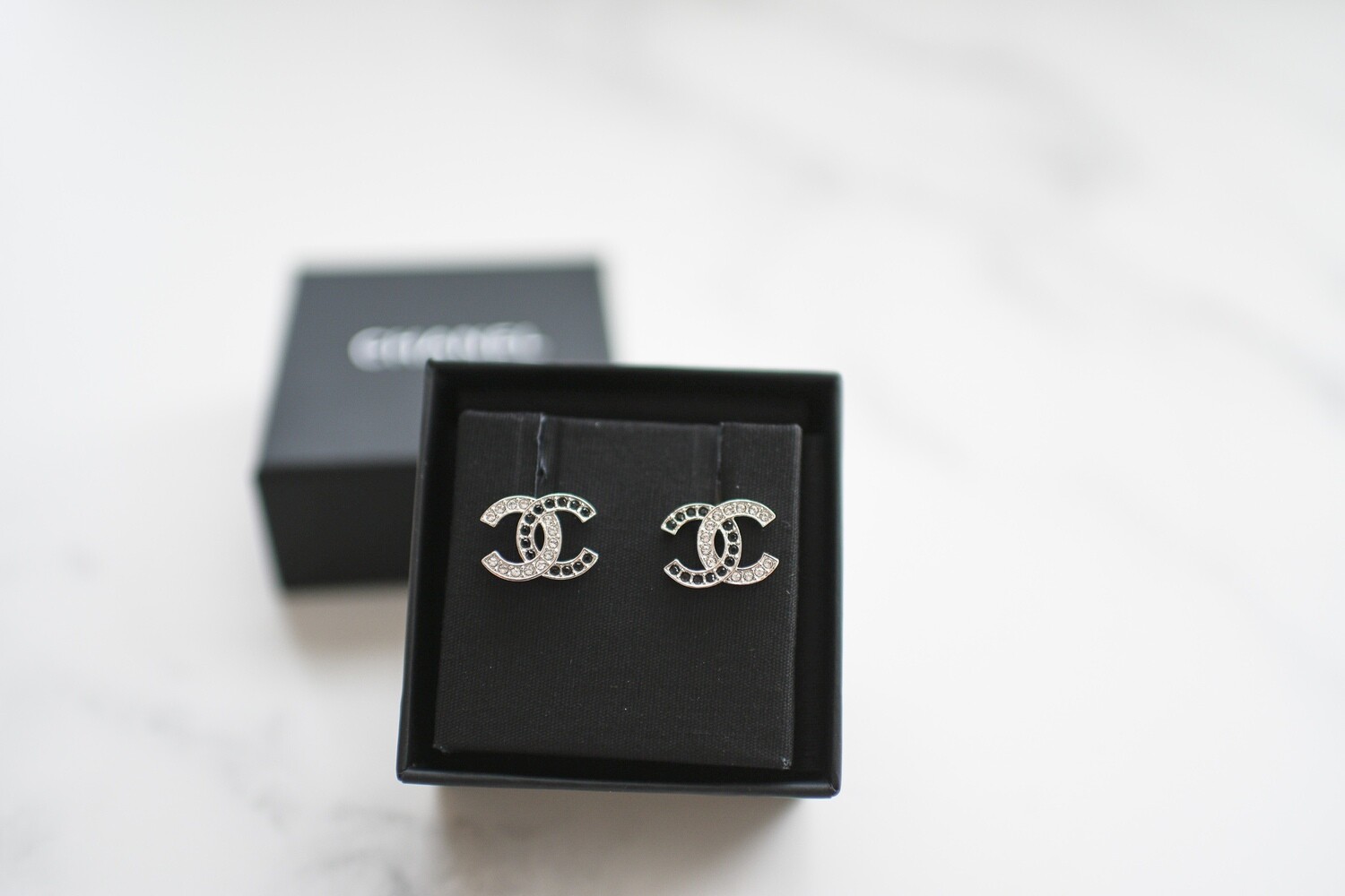 Chanel Earrings CC Silver Studs with Crystals and Black Stones, New in Box  WA001 - Julia Rose Boston