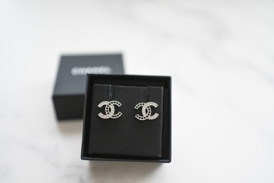 Chanel Earrings CC Silver Studs with Crystals and Black Stones, New in Box WA001