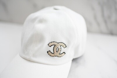 Chanel Hat Baseball Cap, White Canvas with White Sequin CC, New in