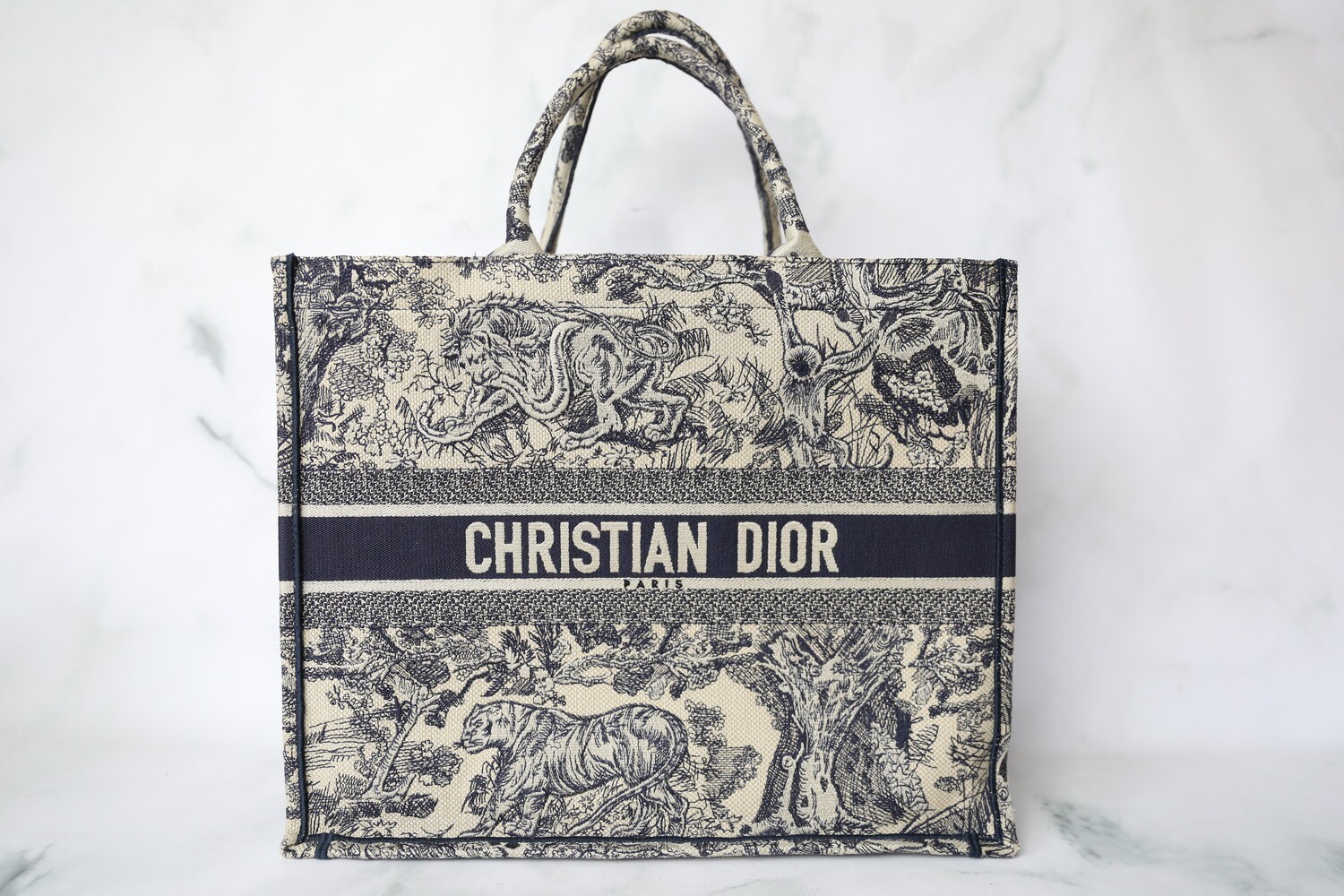 Christian Dior Book Tote Large, Toile De Jouy Navy, Preowned in Dustbag WA001