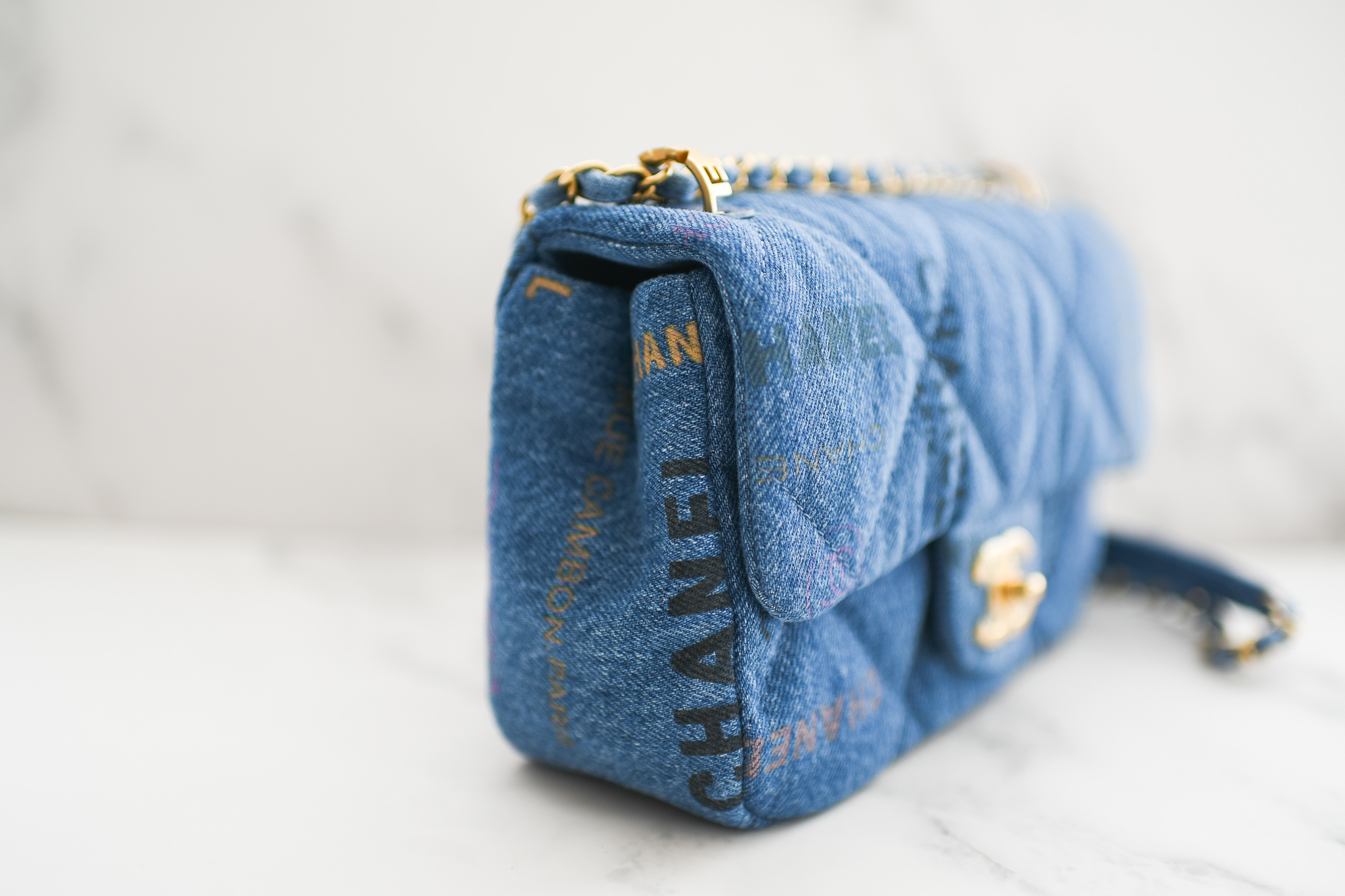 Chanel Denim Mood Flap Bag Logo Printed Quilted Denim Small Blue 1358001