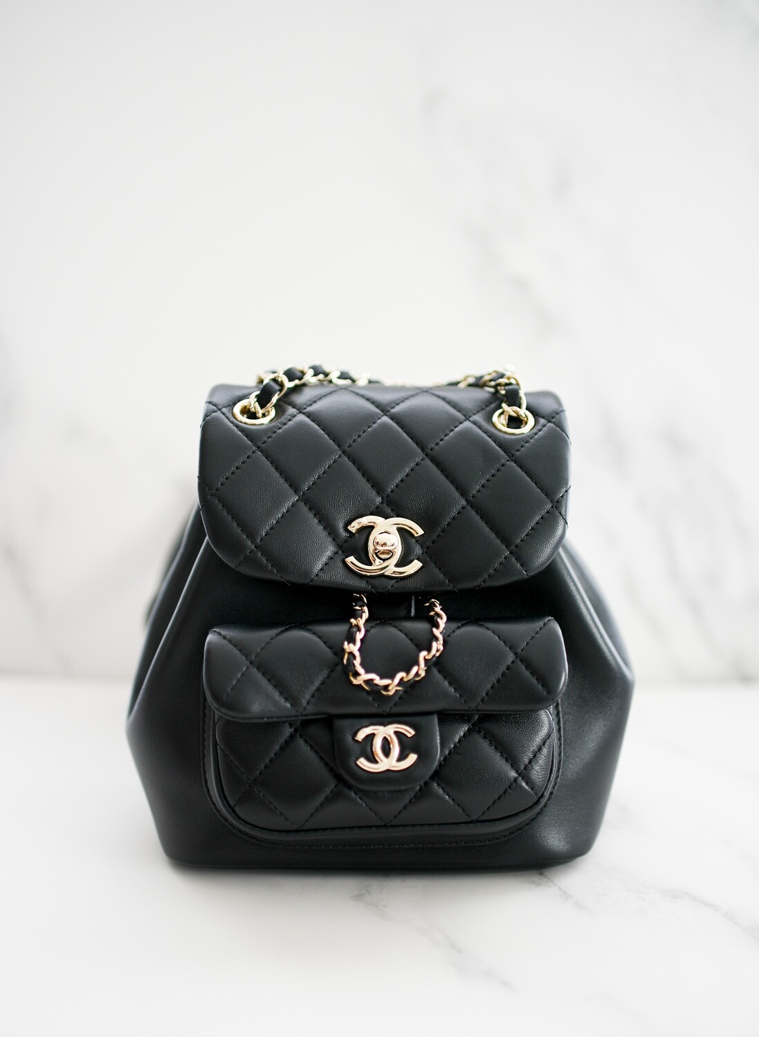 Chanel Duma Drawstring Backpack, Black Lambskin Leather with Gold Hardware, New in Box GA001