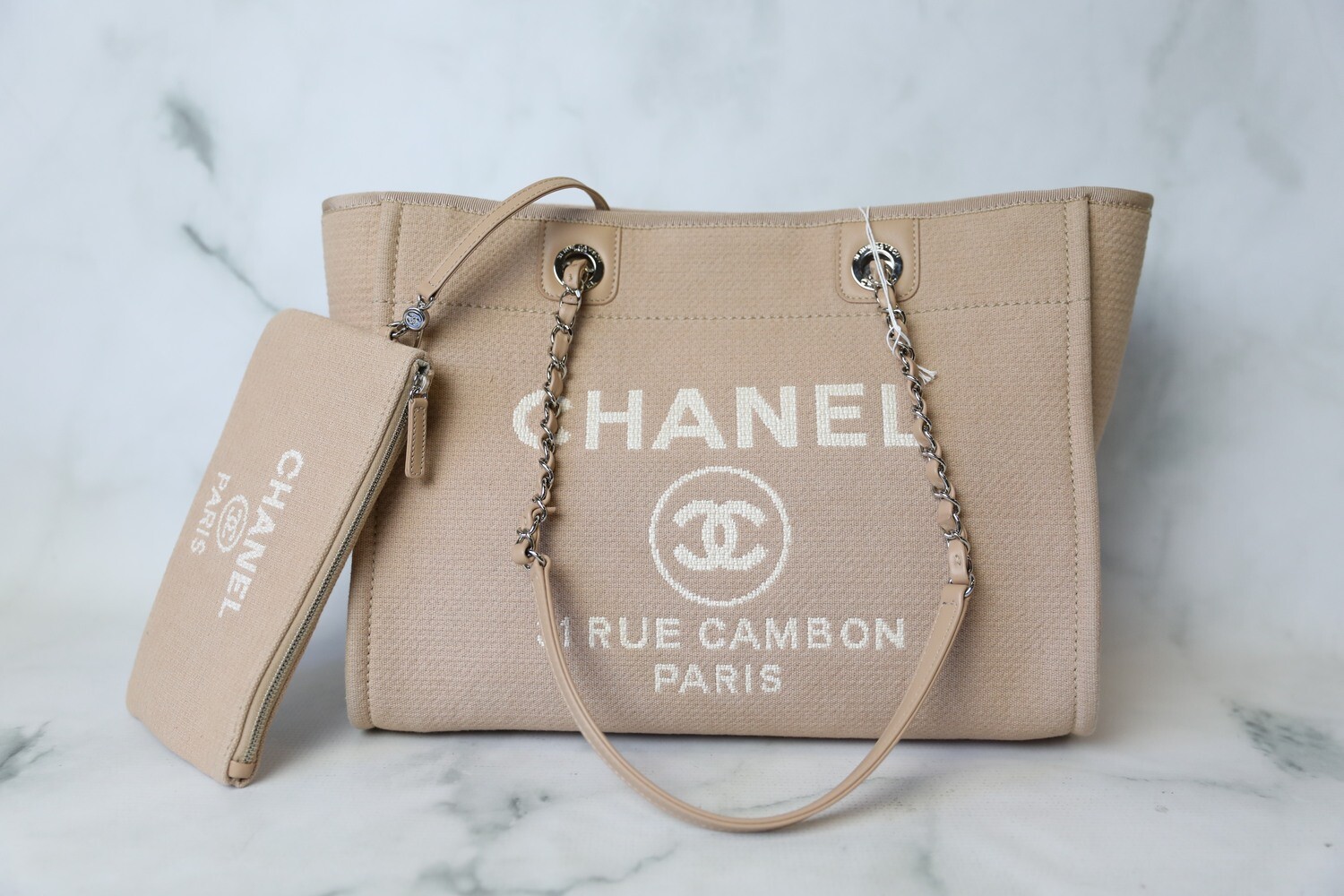 Chanel Deauville Medium, Beige Tan Canvas with Silver Hardware, Preowned in  Box WA001