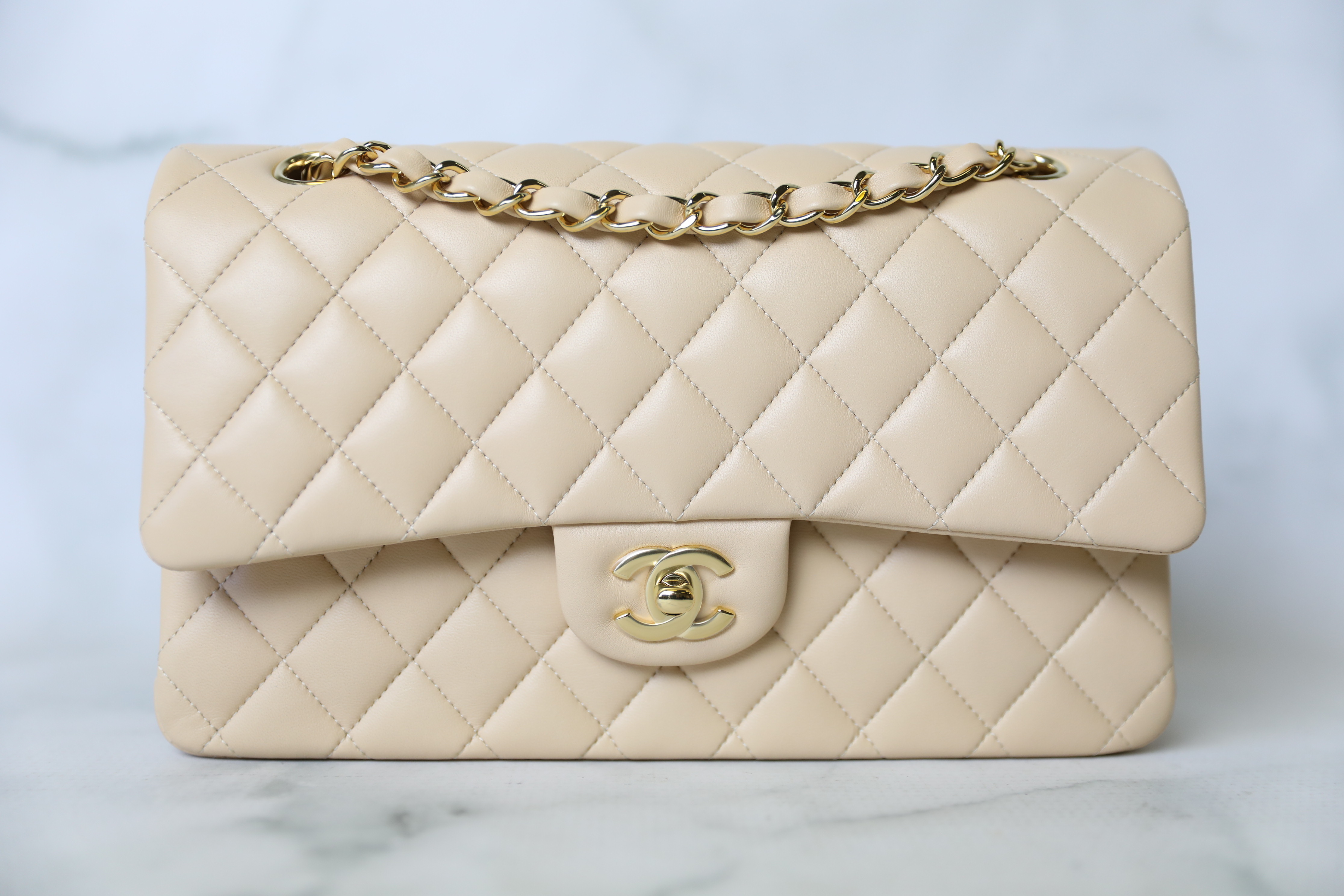 Chanel Classic Medium, Beige Clair Lambskin with Gold Hardware, Preowned in  Box WA001