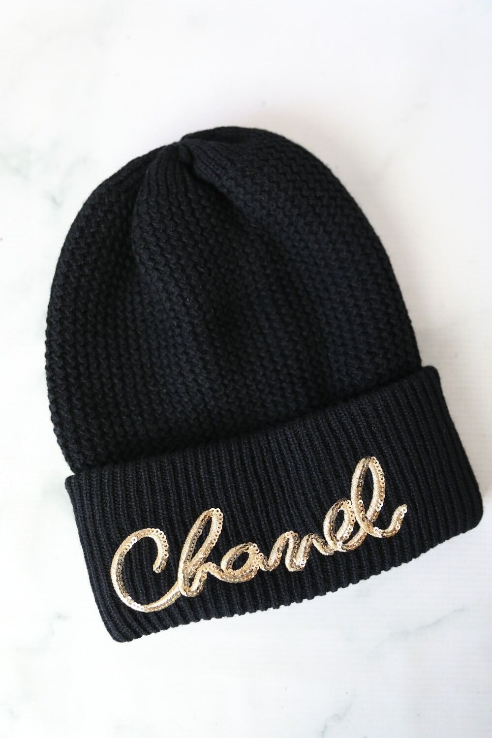 Chanel Beanie Hat, Black Knit with Gold Sequin Script, New in Box WA001 -  Julia Rose Boston | Shop