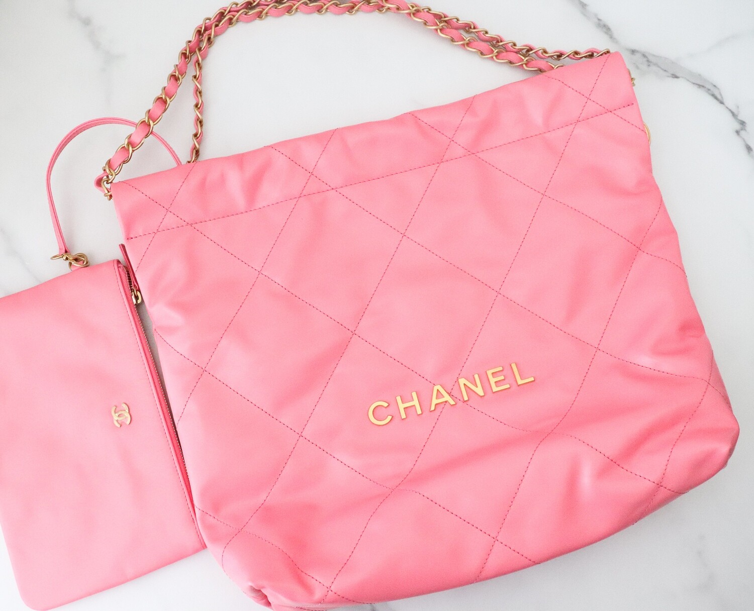 Chanel 22 Small Quilted Hobo Tote, Pink Calfskin with Gold Hardware, New in  Box GA001