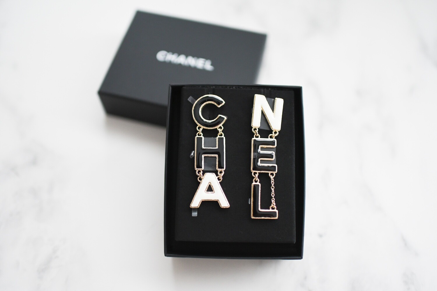 Chanel CHA-NEL Statement Black &amp; White with Gold Drop Earrings, Like New In Box GA001P