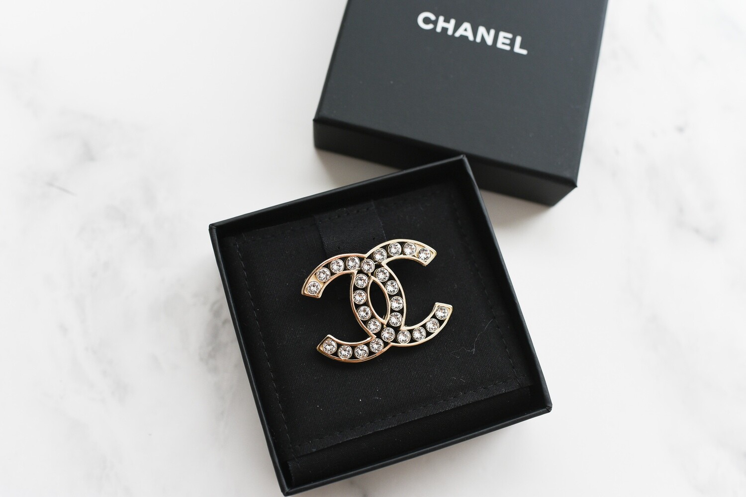 Chanel CC Outline Brooch with Rhinestones , Gold Hardware, New in Box GA001