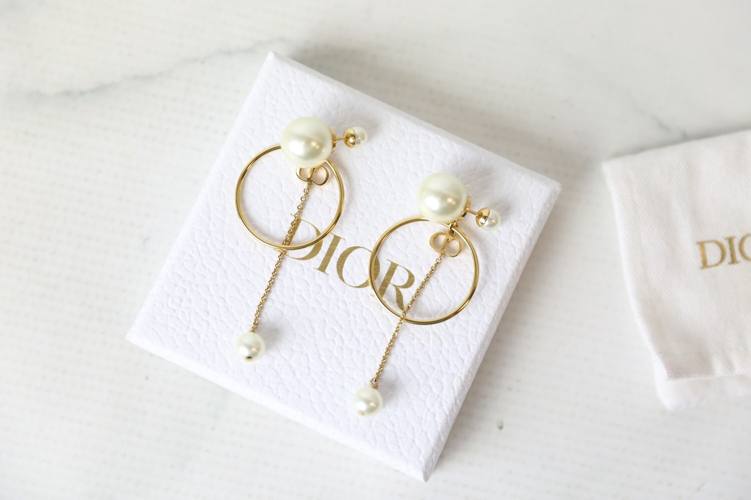 Christian Dior Earrings, Golden Circle with Drop Pearl, Preowned in Box WA001