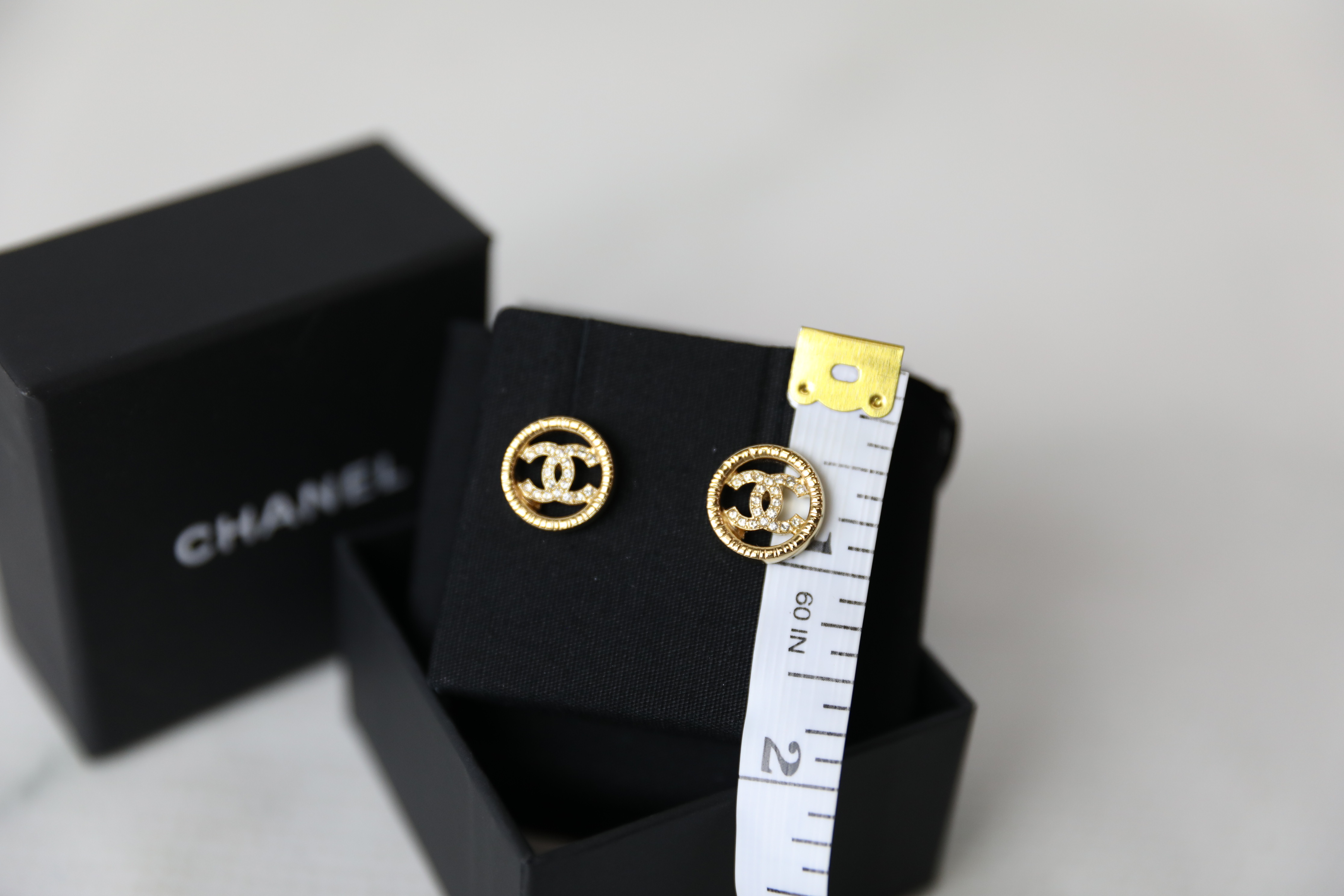 Chanel Earrings Stud Golden Circle with Crystal CC, New in Box WA001