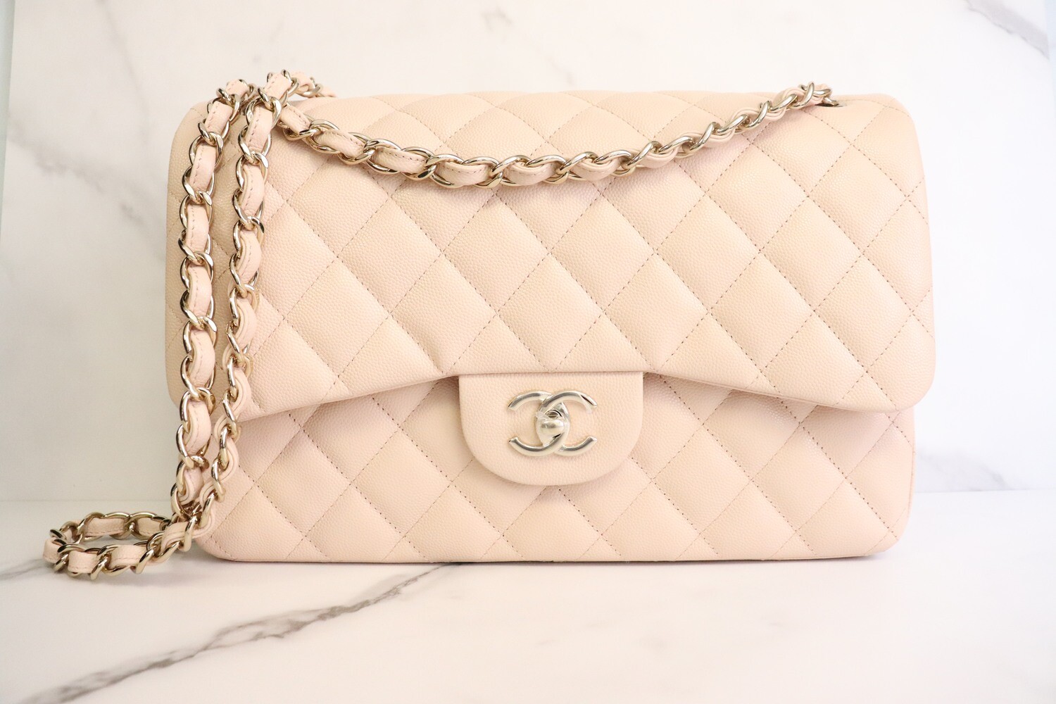 Chanel Classic Jumbo Double Flap, 22C Light Beige Caviar Leather, Gold Hardware, New in Box MA001