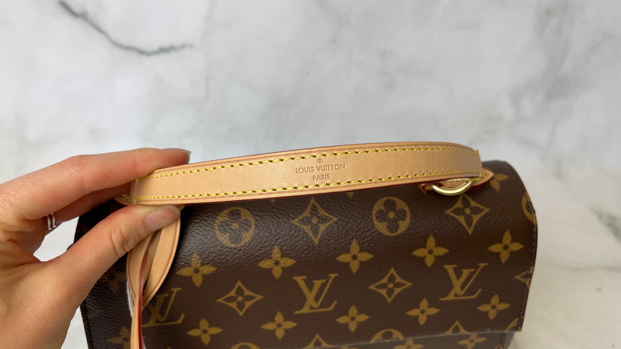 Louis Vuitton Cluny BB, Monogram with Fuchsia Strap, Preowned in