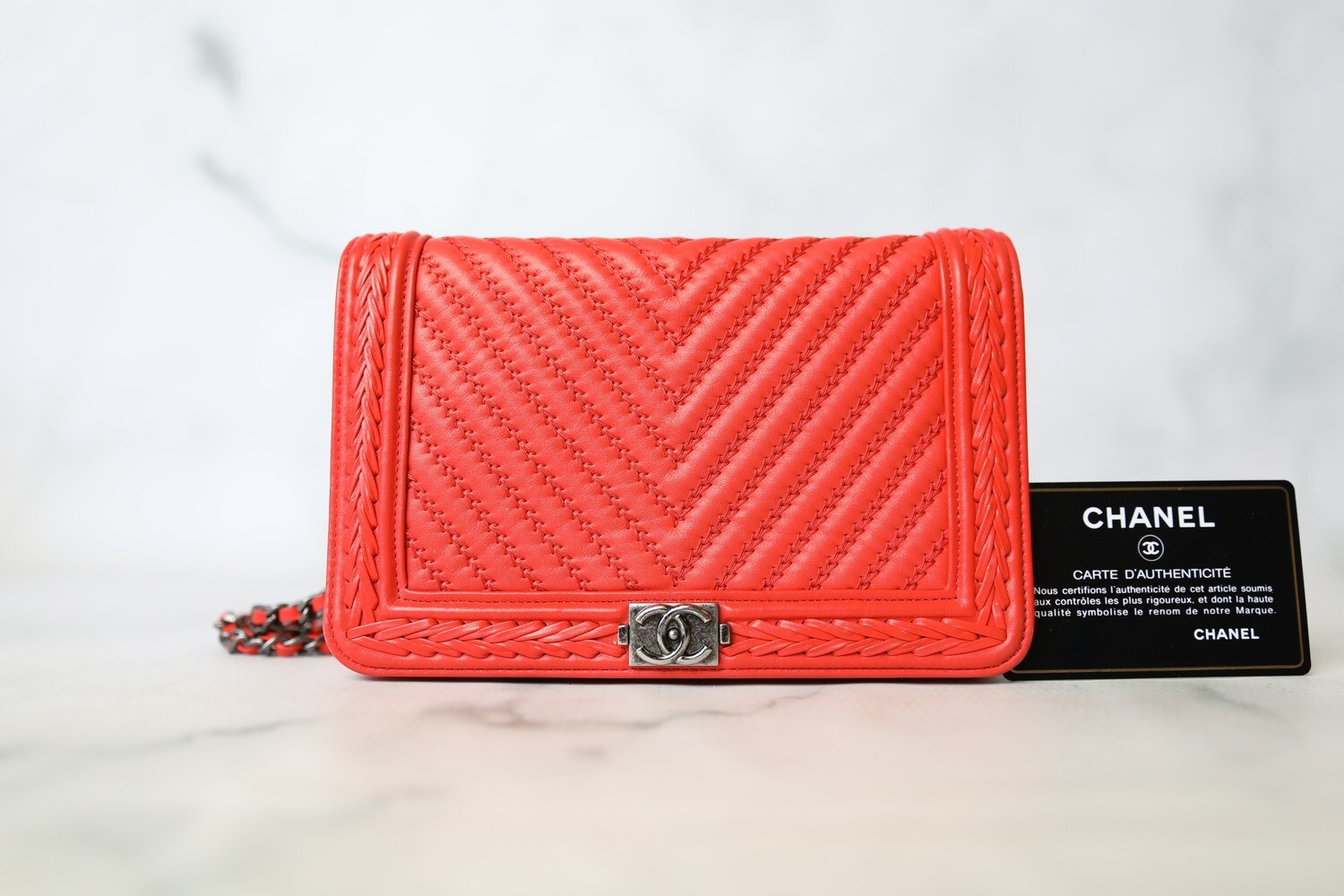 Chanel Boy Wallet on Chain, Chevron Stitch Coral Red Lambskin with Ruthenium Hardware, Preowned in Box WA001
