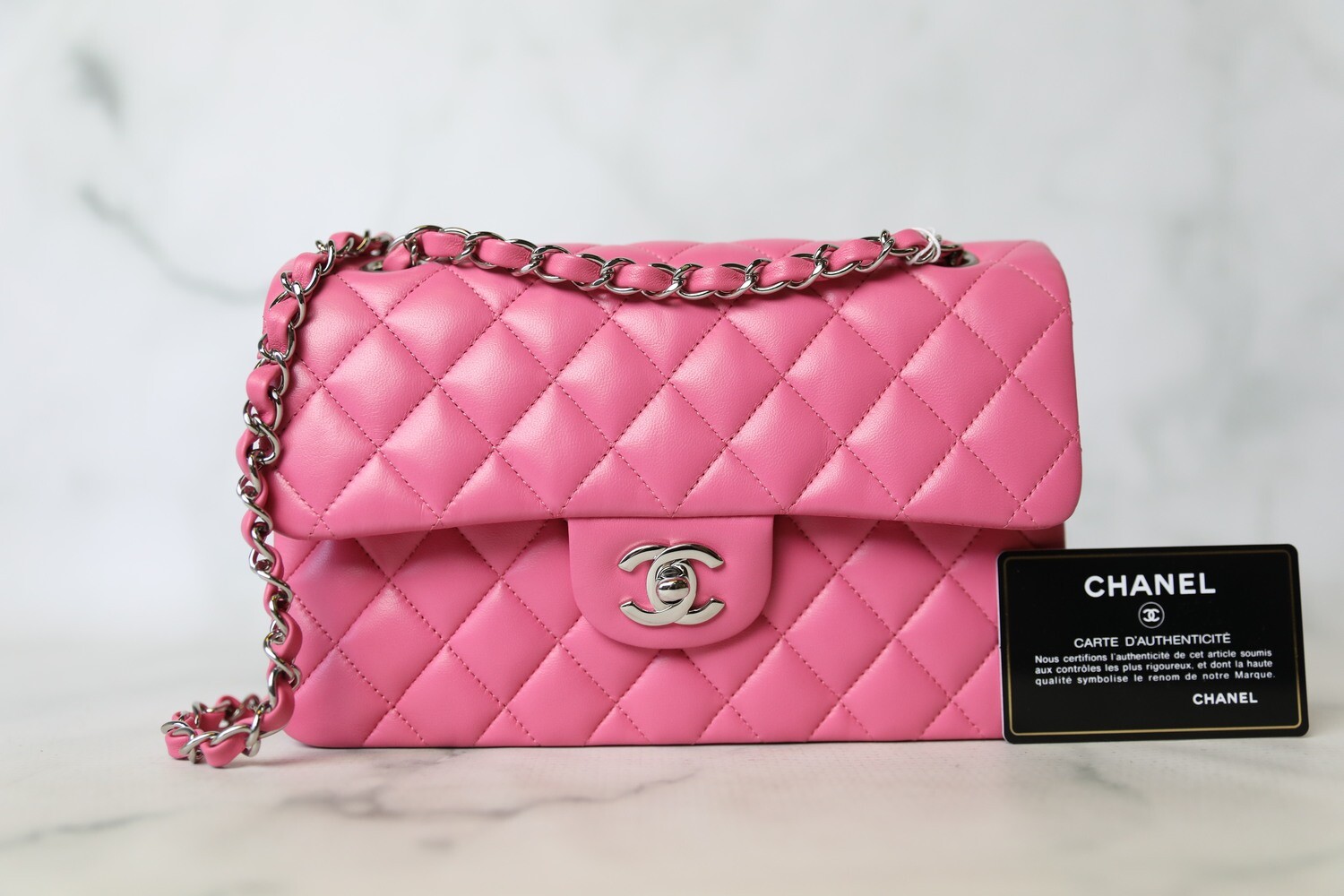 Chanel Classic Small, Pink Lambskin with Silver Hardware, Preowned in Box  WA001