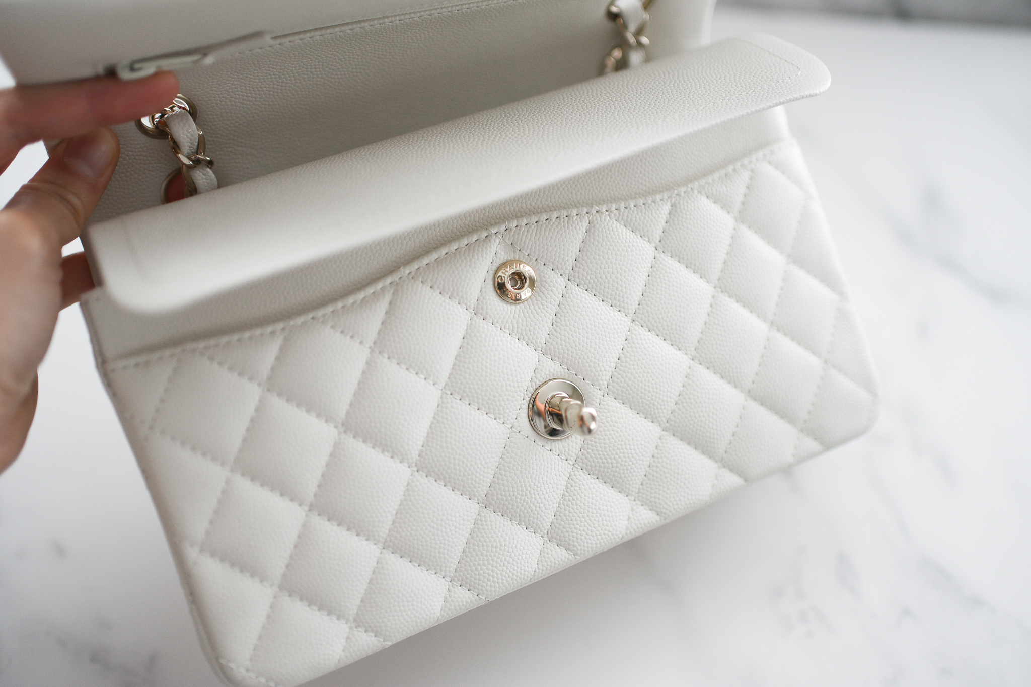 Chanel Classic Small Double Flap, White Caviar Leather with Light