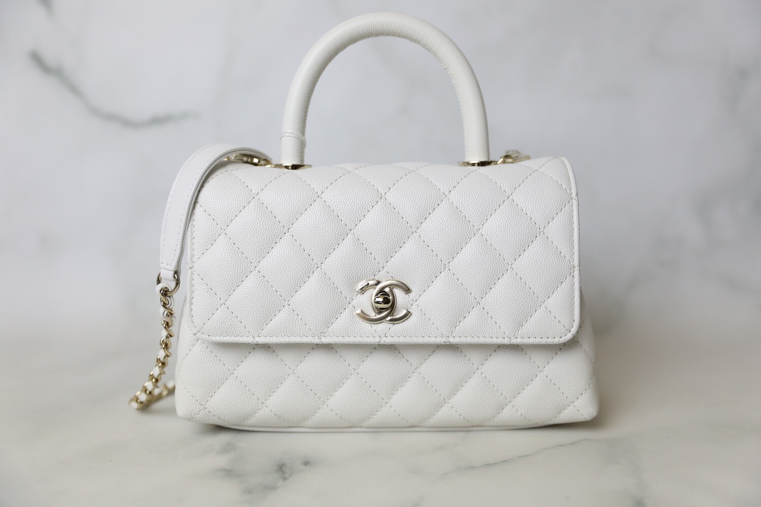 Chanel Coco Handle Mini, White Caviar with Gold Hardware, Preowned in Box WA001