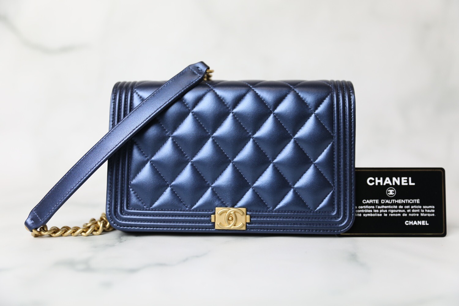 Chanel Boy Wallet on Chain, Iridescent Blue Lambskin with Gold Hardware,  Preowned in Box WA001 - Julia Rose Boston